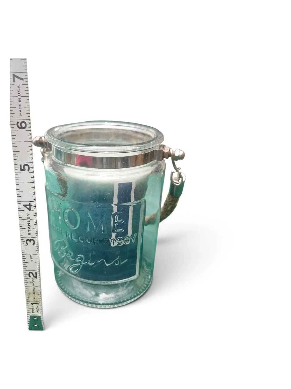 Coastal Aqua Glass Jar Candle Holder w/Tropical Waters Candle Jute Rope Handle